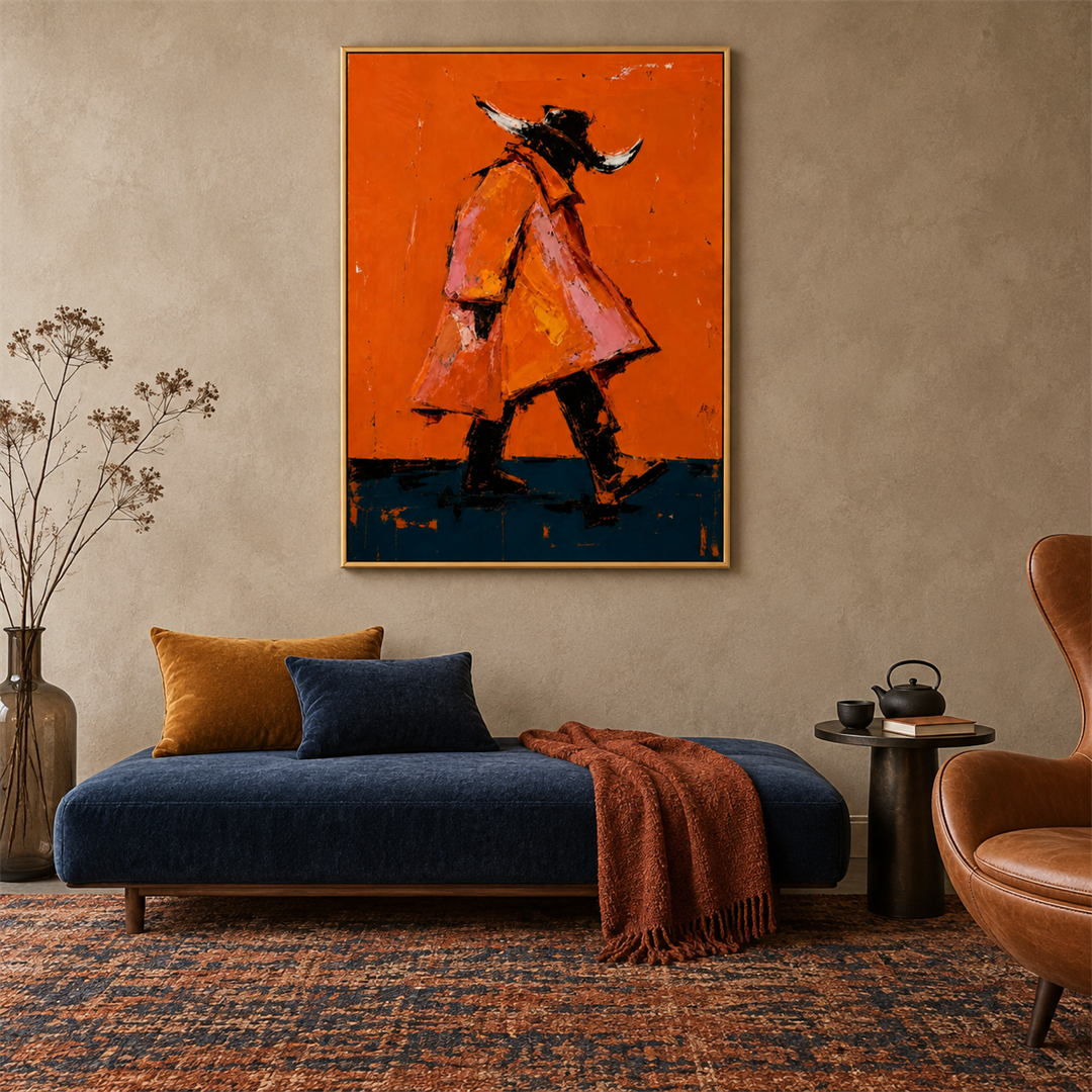 expressive Western cowboy wall art in bright orange and dark teal in a coordinated modern interior