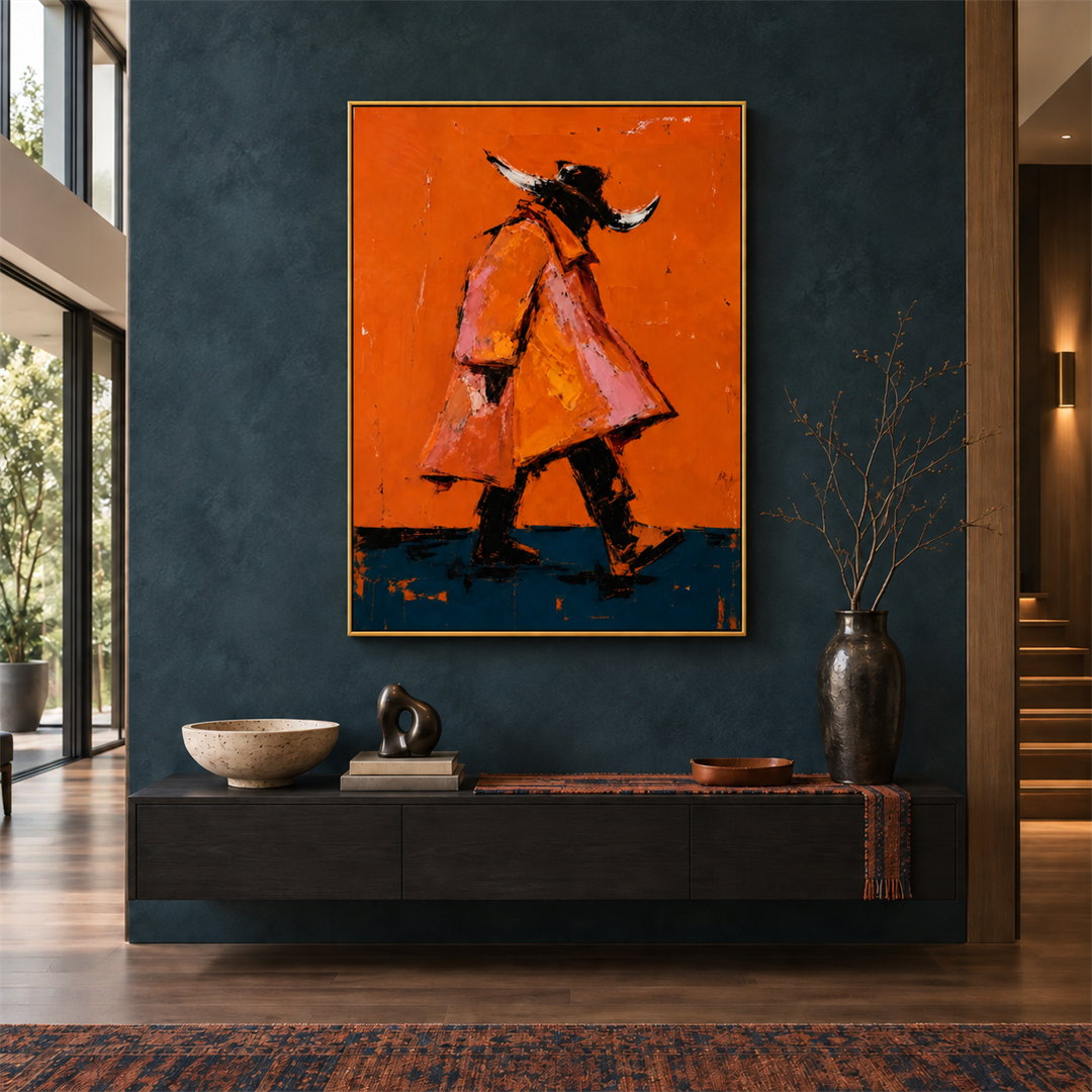expressive Western cowboy wall art in bright orange and dark teal displayed in a styled living room