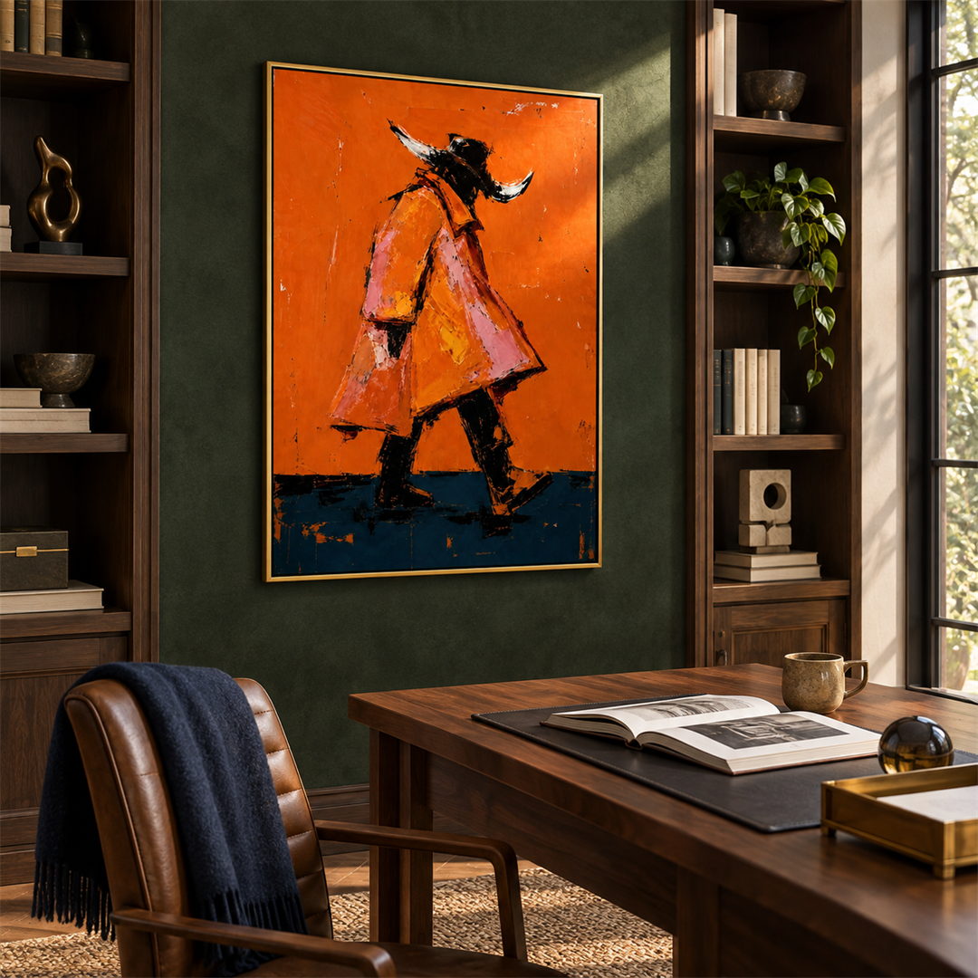 expressive Western cowboy wall art in bright orange and dark teal in a coordinated modern interior