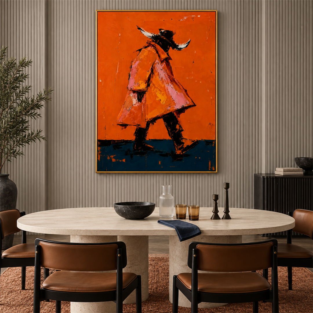 expressive Western cowboy wall art in bright orange and dark teal in a coordinated modern interior