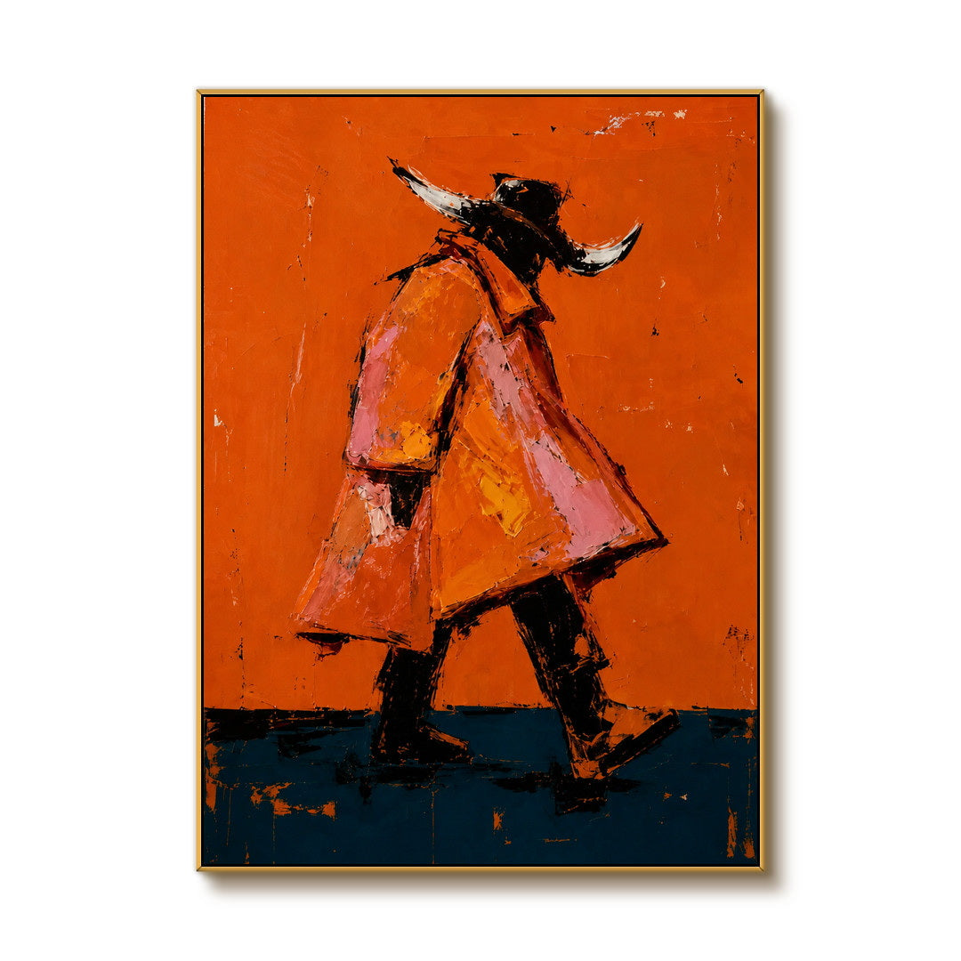 expressive Western cowboy wall art in bright orange and dark teal on a clean white background