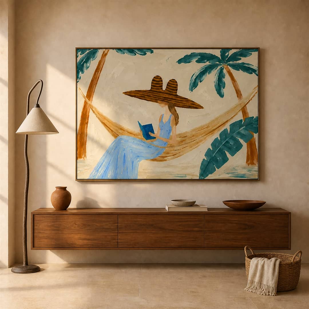 tropical figurative canvas art with a hammock reader displayed in a home interior