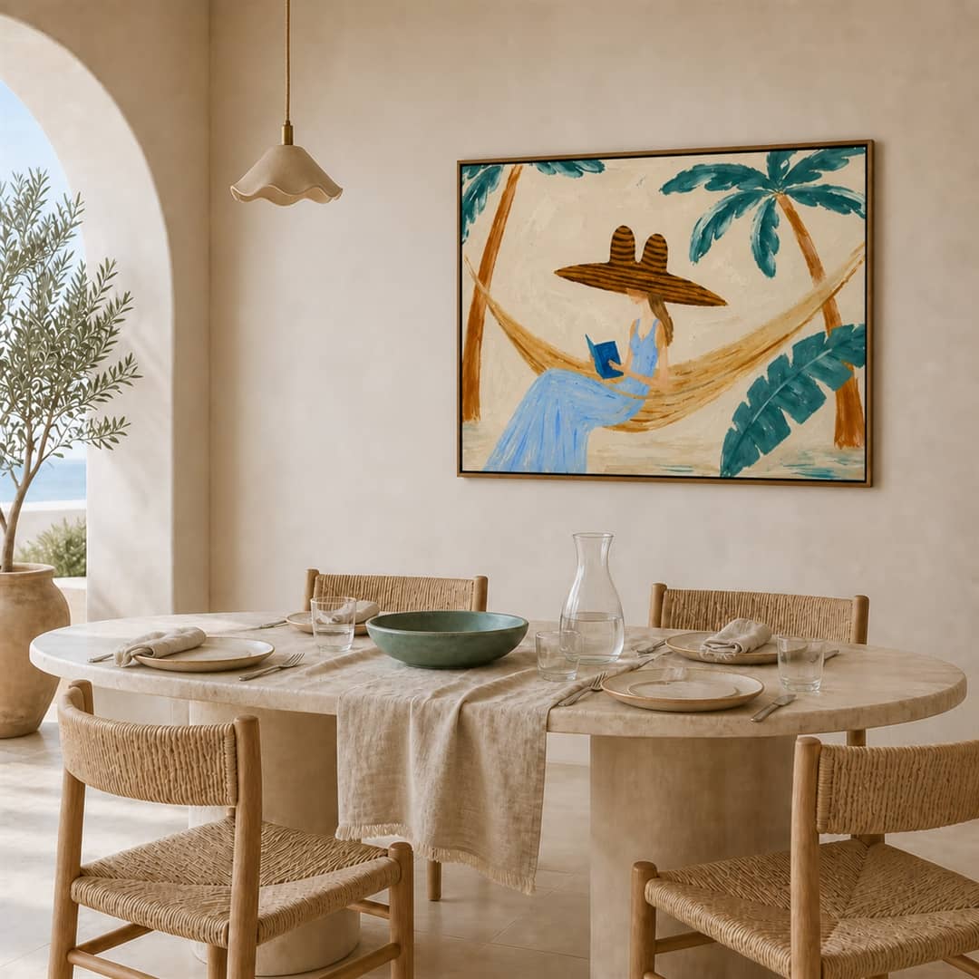 tropical woman reading wall art styled in a bright modern interior