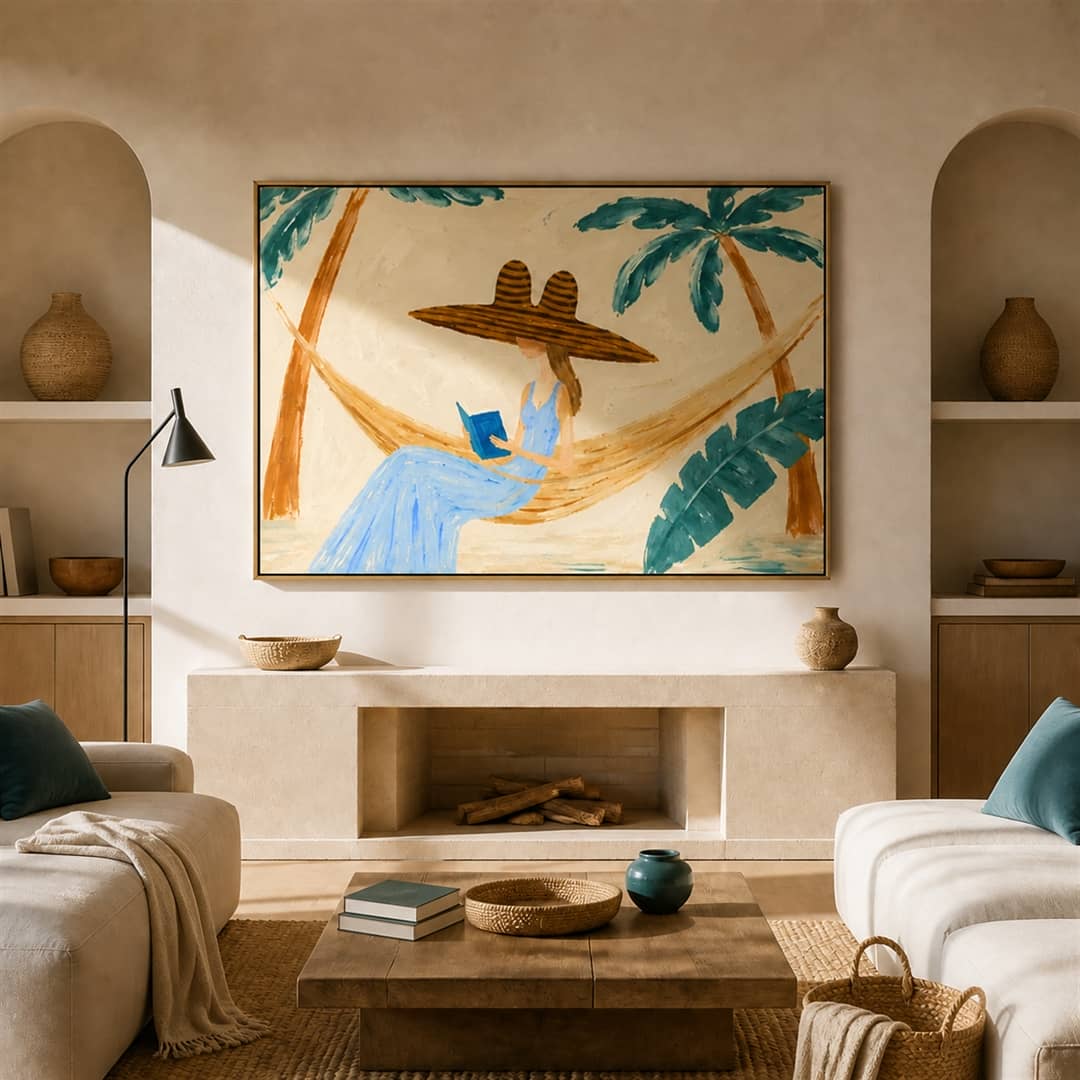 colorful tropical figurative wall art of a woman reading in a hammock, displayed in a living room