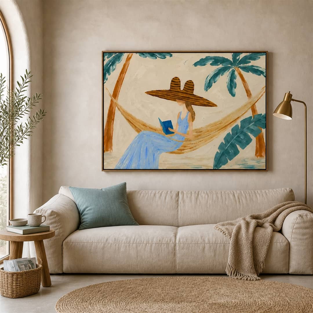 vintage-inspired figurative hammock reading painting shown in a relaxed room setting