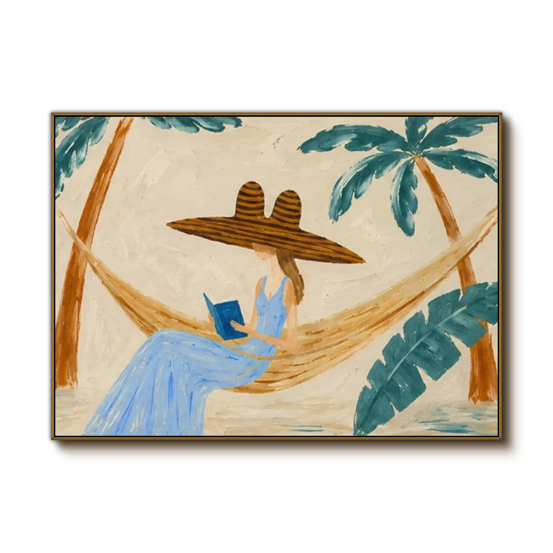 colorful tropical painting of a woman reading in a hammock beneath palm trees on a white background
