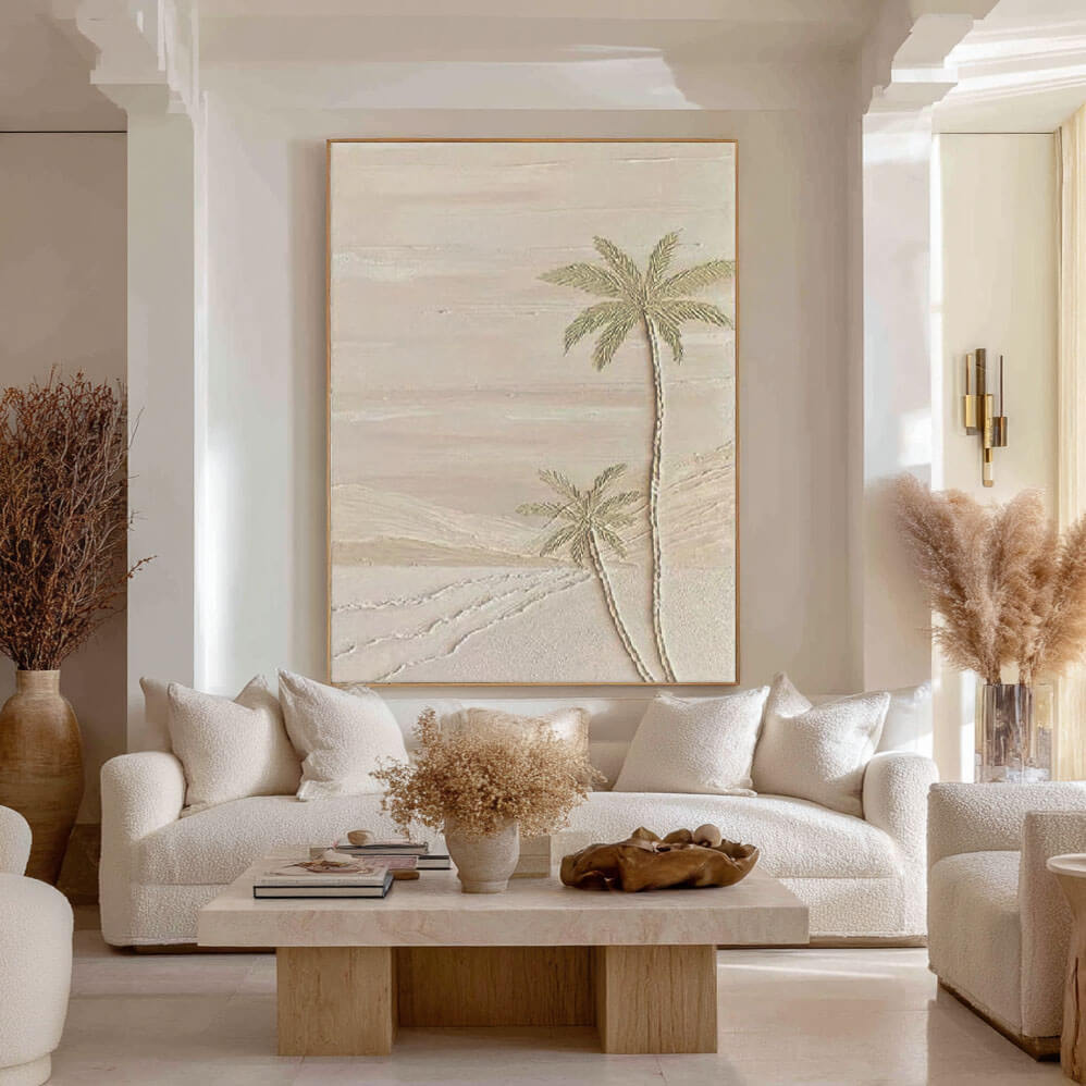 Textured Neutral Palm Tree Canvas Art - Handcrafted Desert