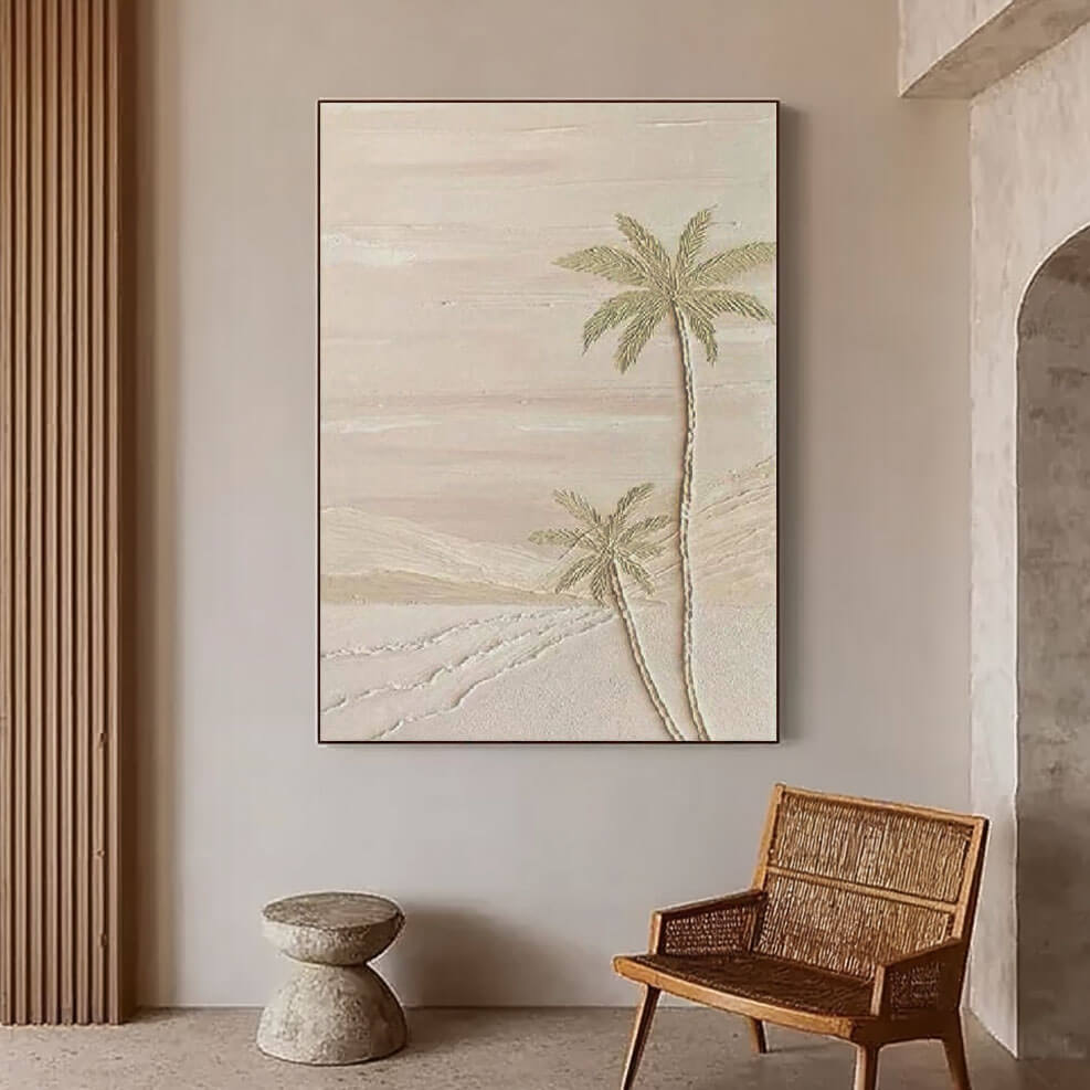 Textured Neutral Palm Tree Canvas Art - Handcrafted Desert