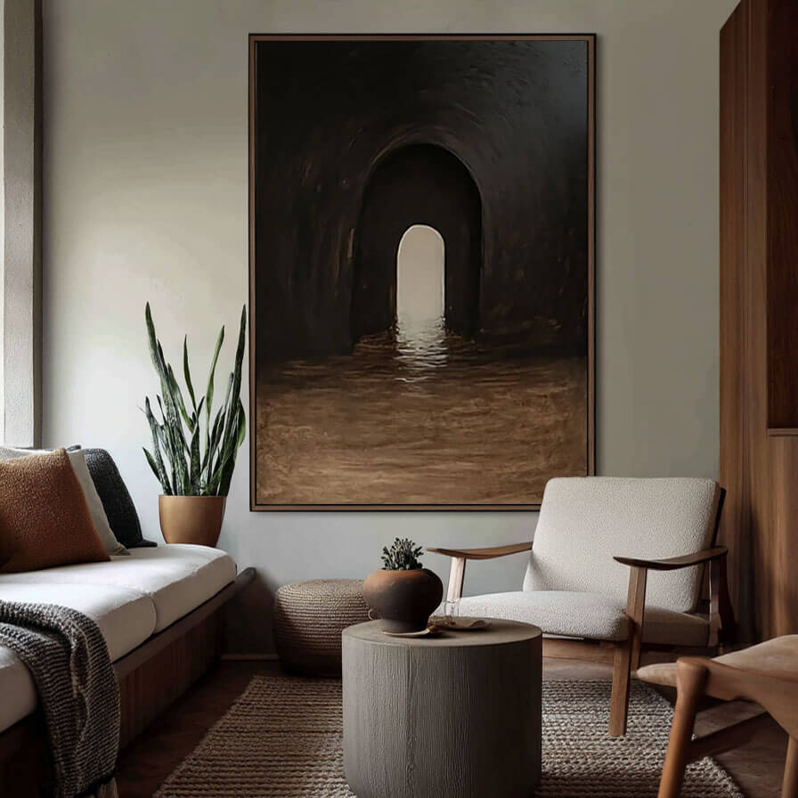 Dark Archway Abstract Painting - Moody Modern Canvas Art for Contemporary Interiors - Passage - Hues Art Lab