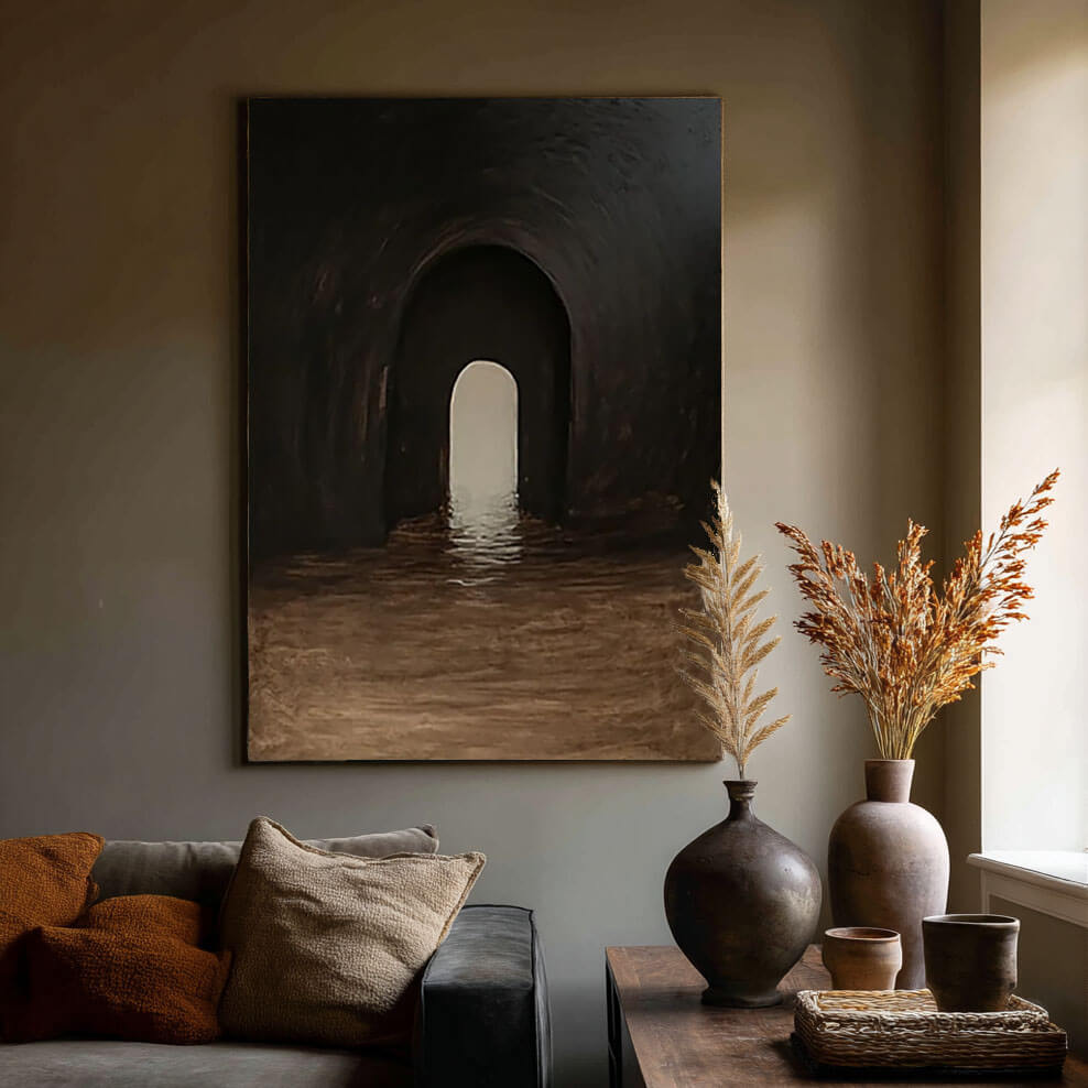 Dark Archway Abstract Painting - Moody Modern Canvas Art for Contemporary Interiors - Passage - Hues Art Lab