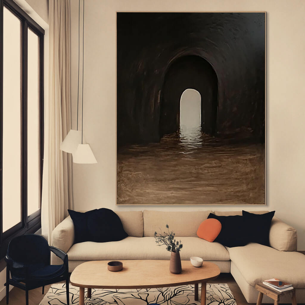 Dark Archway Abstract Painting - Moody Modern Canvas Art for Contemporary Interiors - Passage - Hues Art Lab