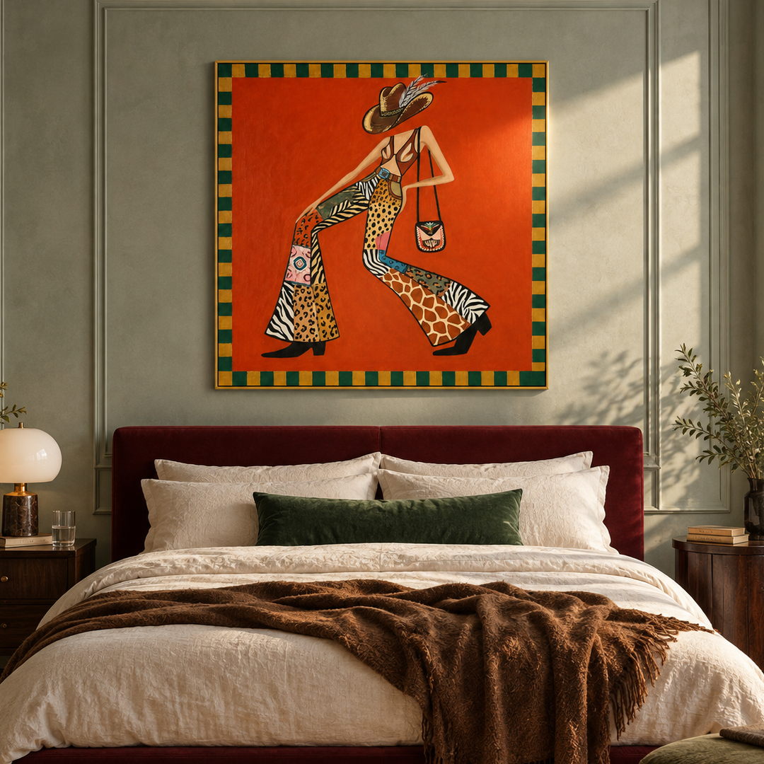 colorful folk cowgirl wall art in red orange and patterned green in a coordinated modern interior