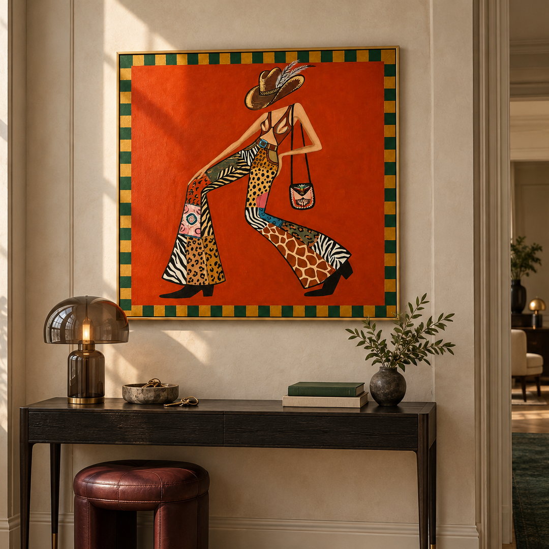 colorful folk cowgirl wall art in red orange and patterned green in a coordinated modern interior