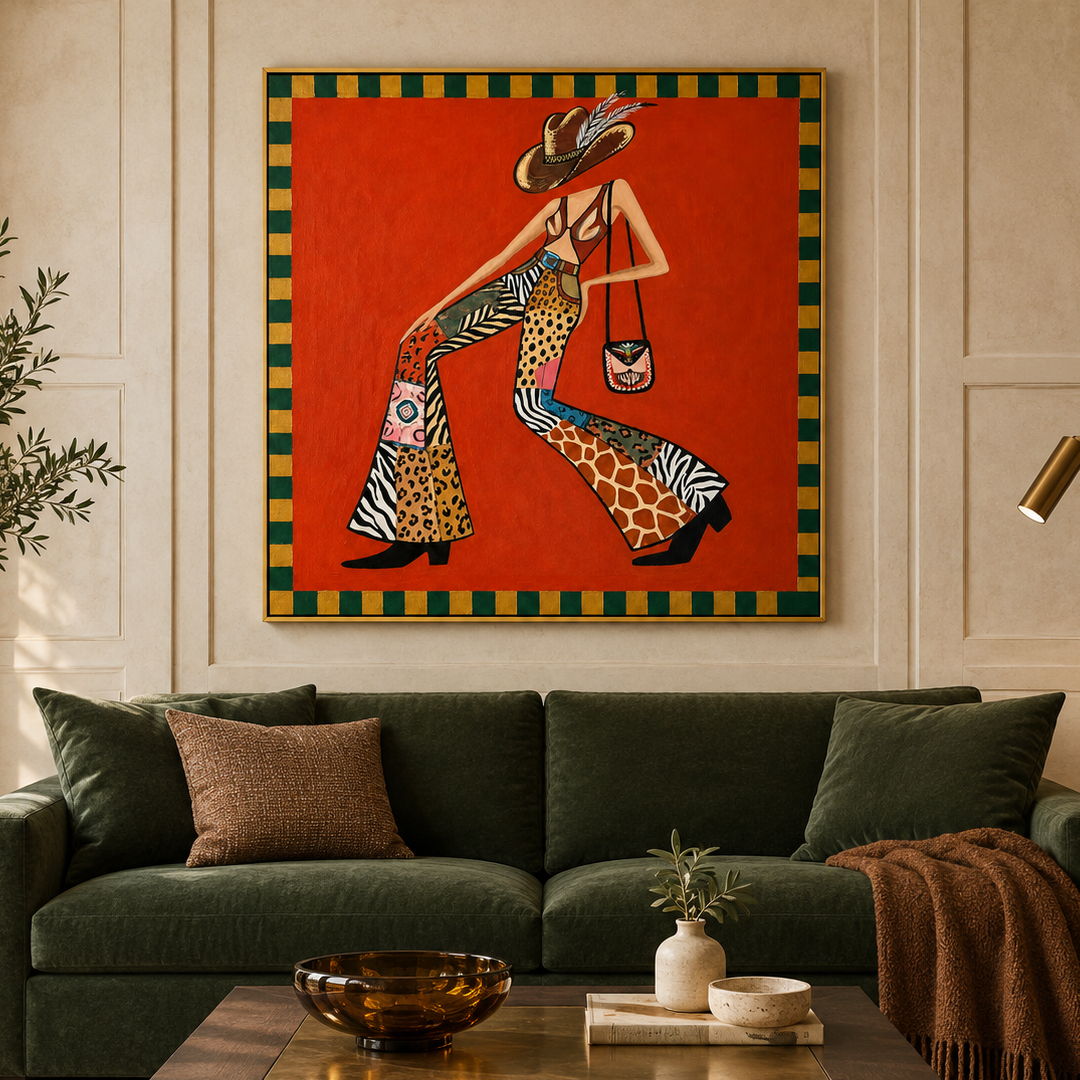 colorful folk cowgirl wall art in red orange and patterned green displayed in a styled living room