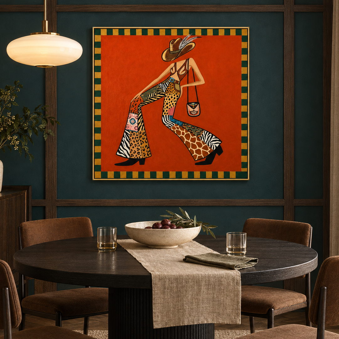 colorful folk cowgirl wall art in red orange and patterned green in a coordinated modern interior