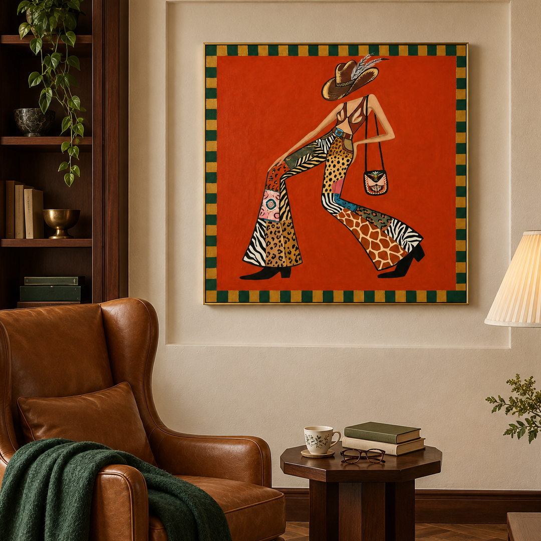 colorful folk cowgirl wall art in red orange and patterned green in a coordinated modern interior