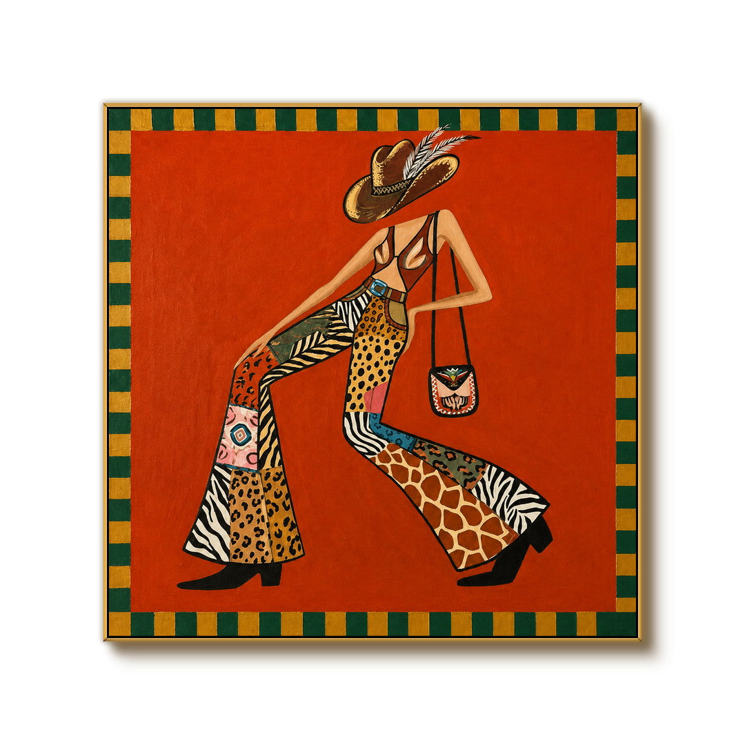 colorful folk cowgirl wall art in red orange and patterned green on a clean white background