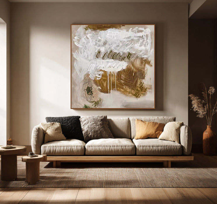 Poetry of Earth Tones framed abstract canvas print in a neutral modern room