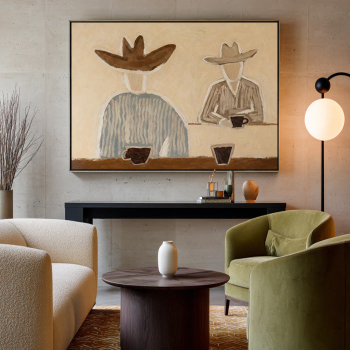 folk Western cowboy wall art in a coordinated modern interior