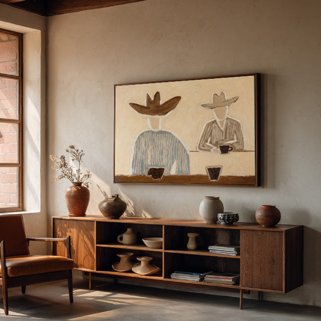 folk Western cowboy wall art in a coordinated modern interior