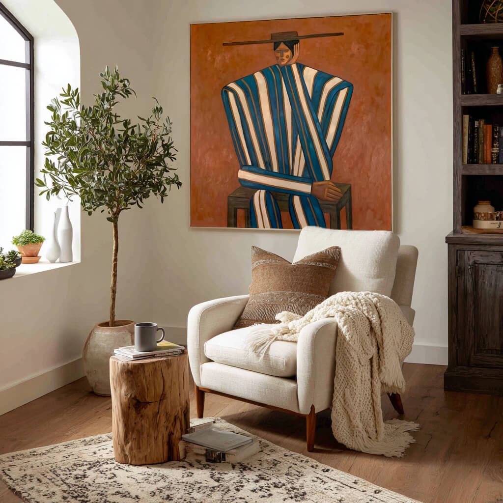 folk Western figurative wall art in blue white and burnt orange in a coordinated modern interior