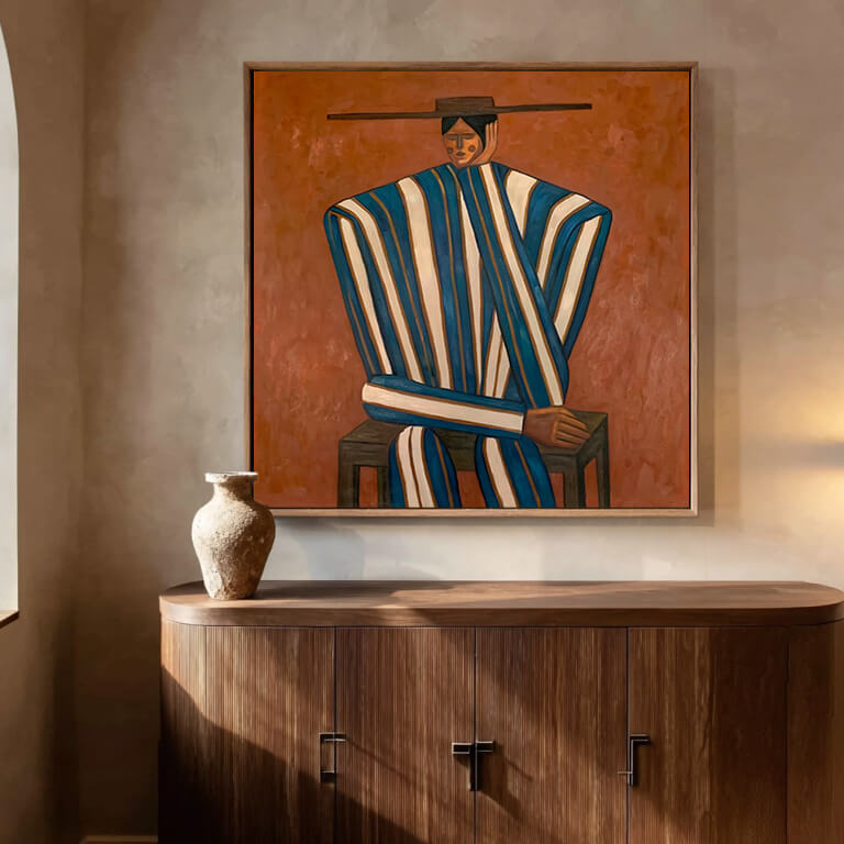 folk Western figurative wall art in blue white and burnt orange in a coordinated modern interior