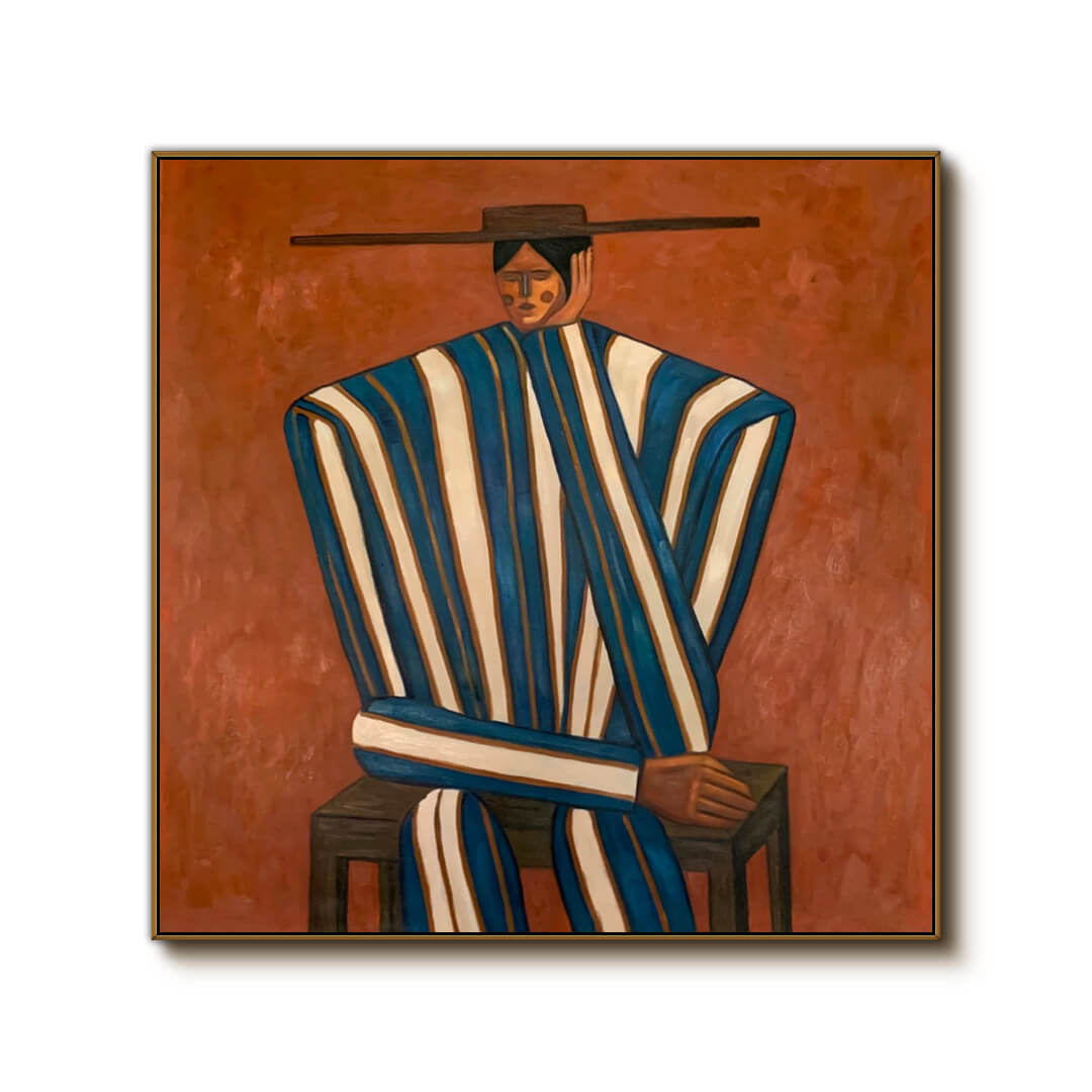 folk Western figurative wall art in blue white and burnt orange on a clean white background