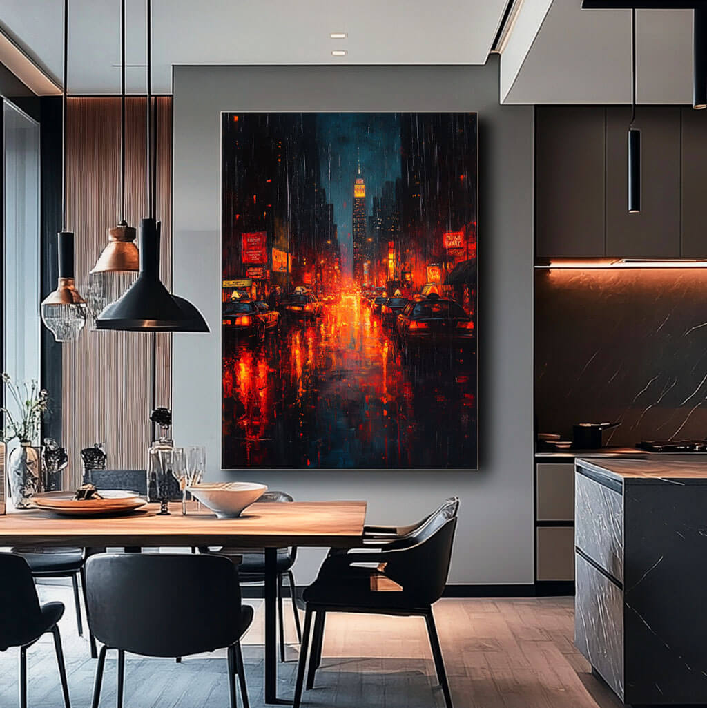 Cityscape Abstract Wall Art Painting - Rainy Night - Hues Art Lab