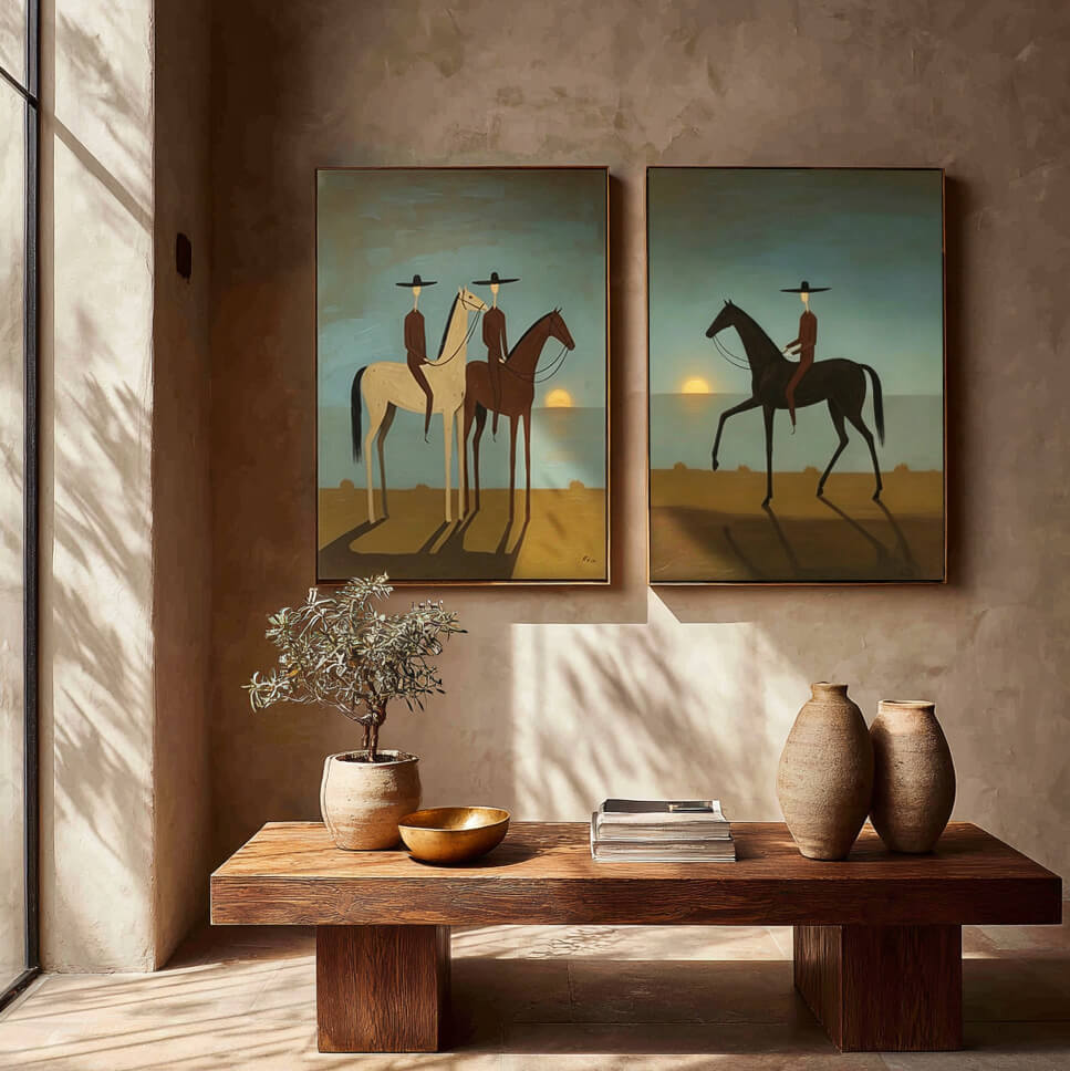 minimalist dusk blue Western horse rider wall art set of 2 in a coordinated modern interior