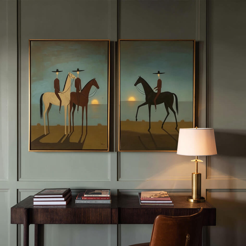minimalist dusk blue Western horse rider wall art set of 2 in a coordinated modern interior