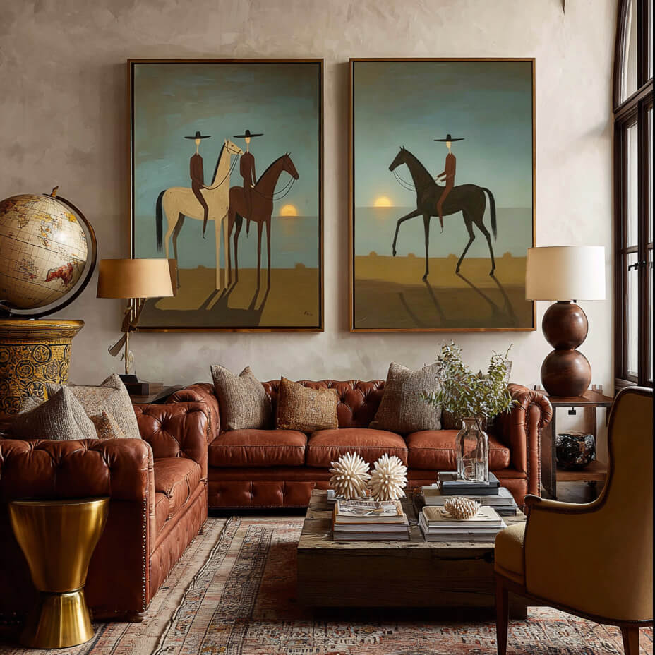 minimalist dusk blue Western horse rider wall art set of 2 in a coordinated modern interior