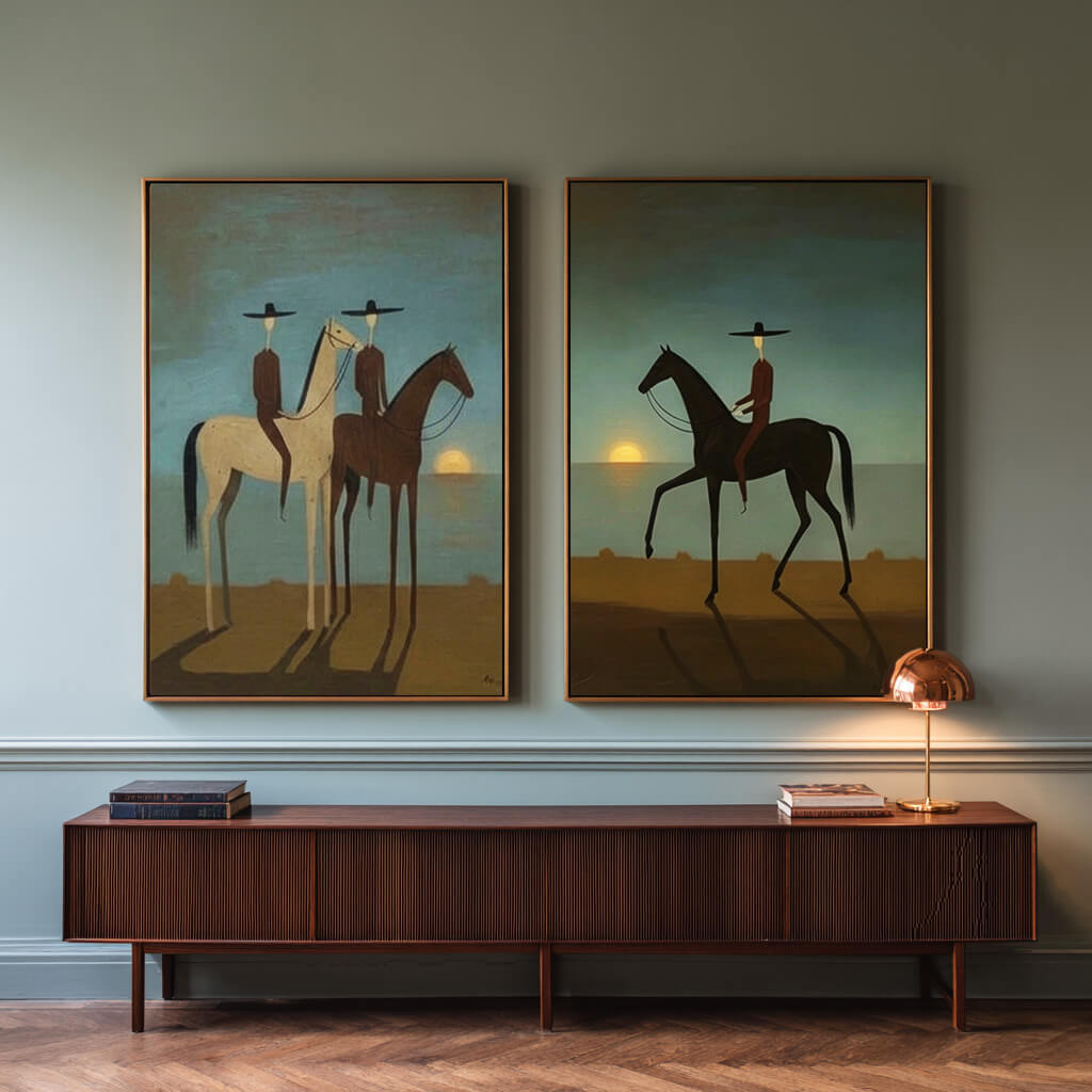 minimalist dusk blue Western horse rider wall art set of 2 displayed in a styled living room