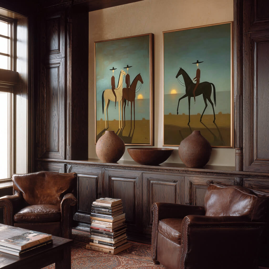 minimalist dusk blue Western horse rider wall art set of 2 in a coordinated modern interior