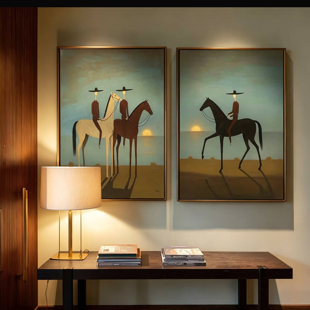 minimalist dusk blue Western horse rider wall art set of 2 in a coordinated modern interior