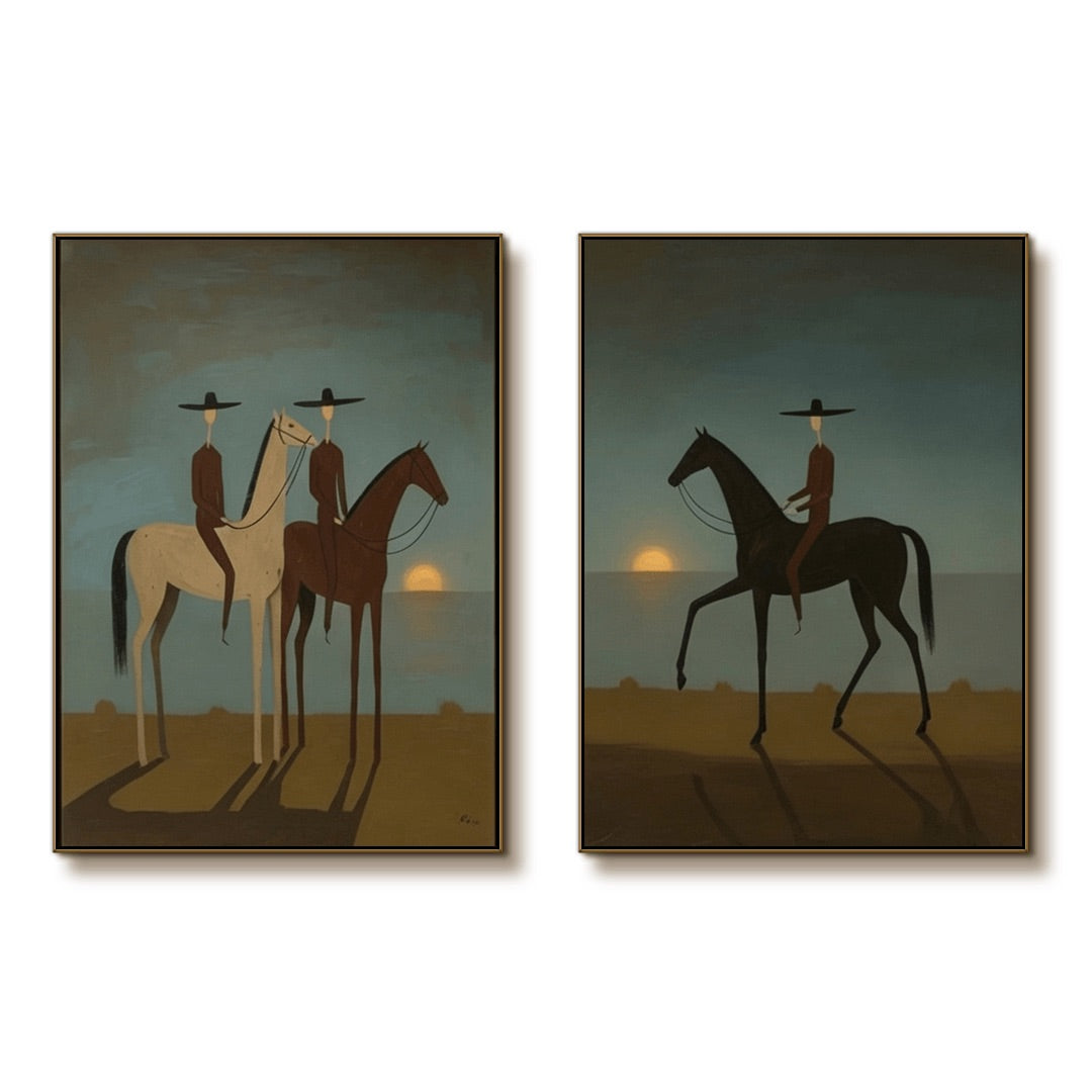 minimalist dusk blue Western horse rider wall art set of 2 on a clean white background