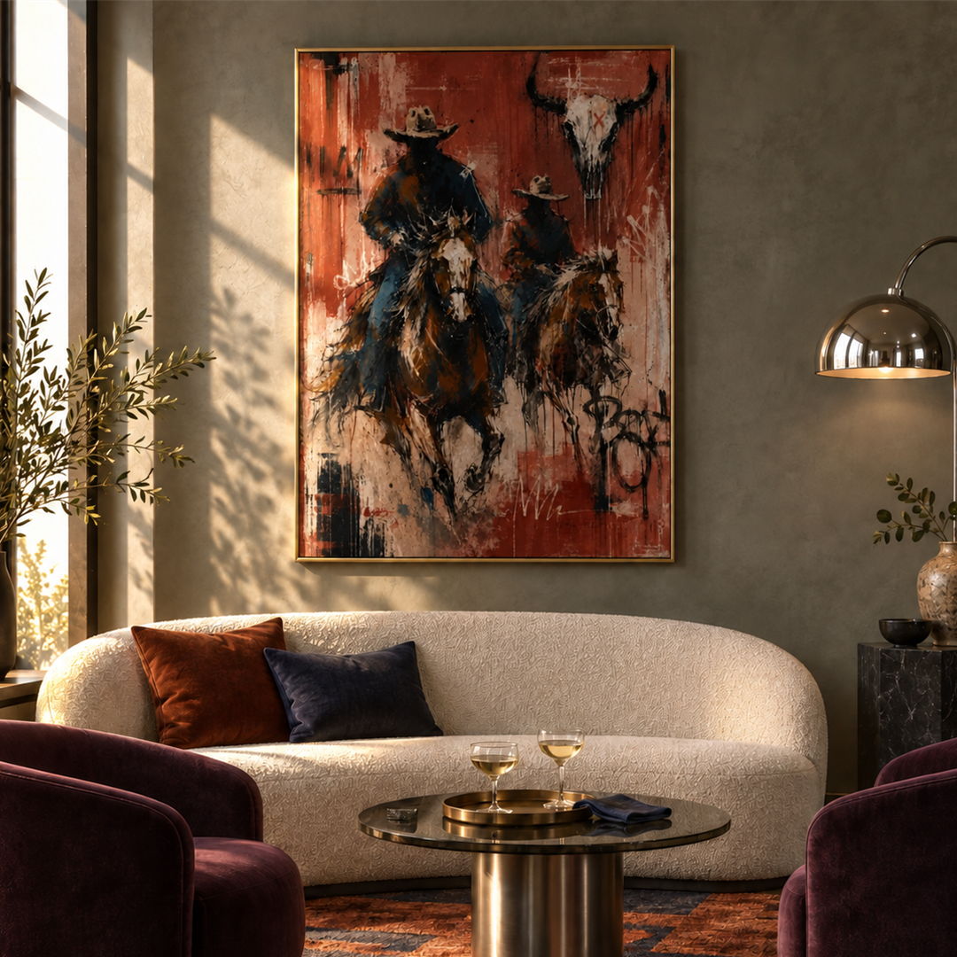 expressive Western cowboy rider wall art in red black and cream in a coordinated modern interior