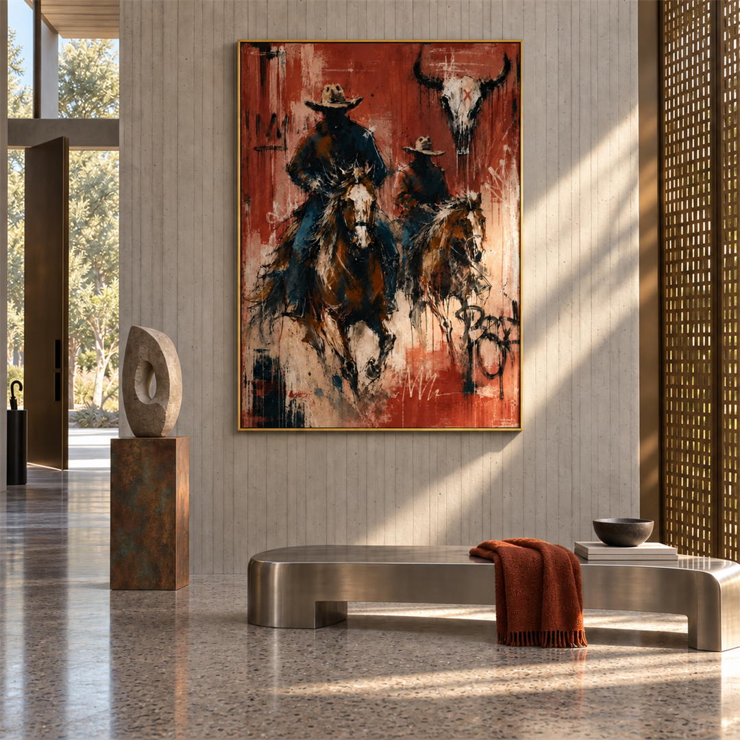 expressive Western cowboy rider wall art in red black and cream in a coordinated modern interior