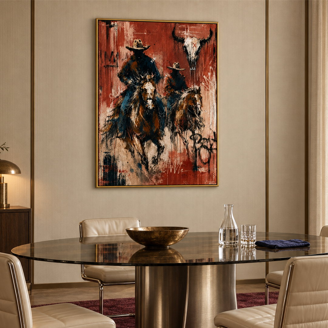 expressive Western cowboy rider wall art in red black and cream in a coordinated modern interior
