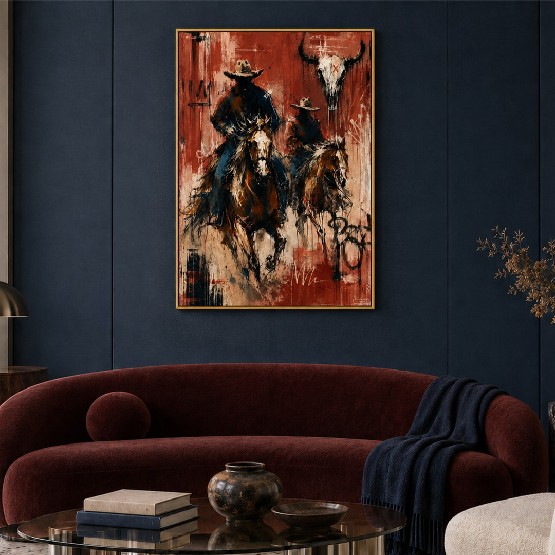 expressive Western cowboy rider wall art in red black and cream displayed in a styled living room