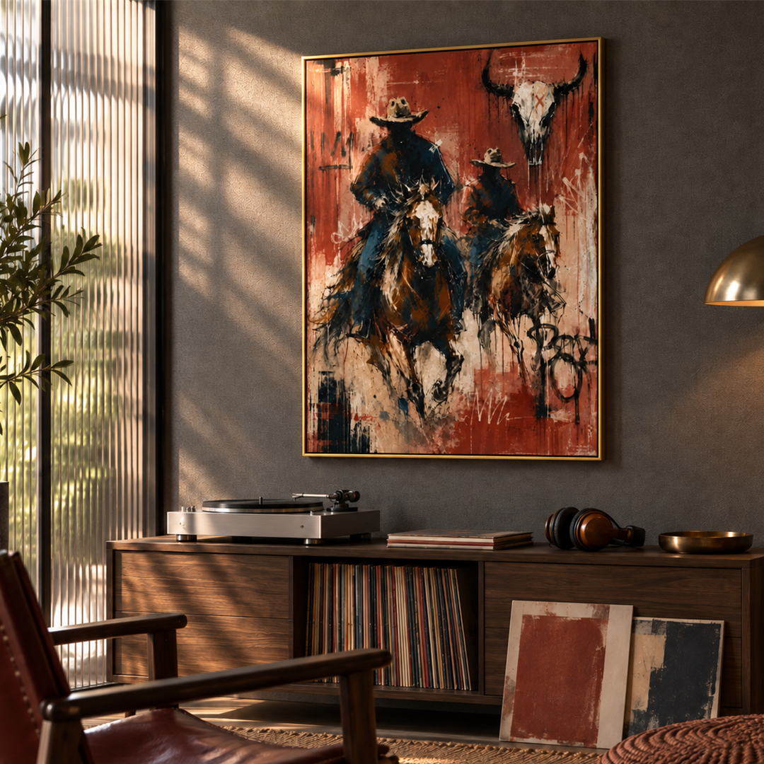 expressive Western cowboy rider wall art in red black and cream in a coordinated modern interior