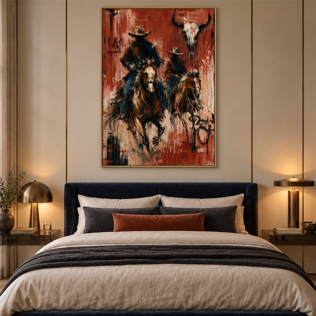expressive Western cowboy rider wall art in red black and cream in a coordinated modern interior