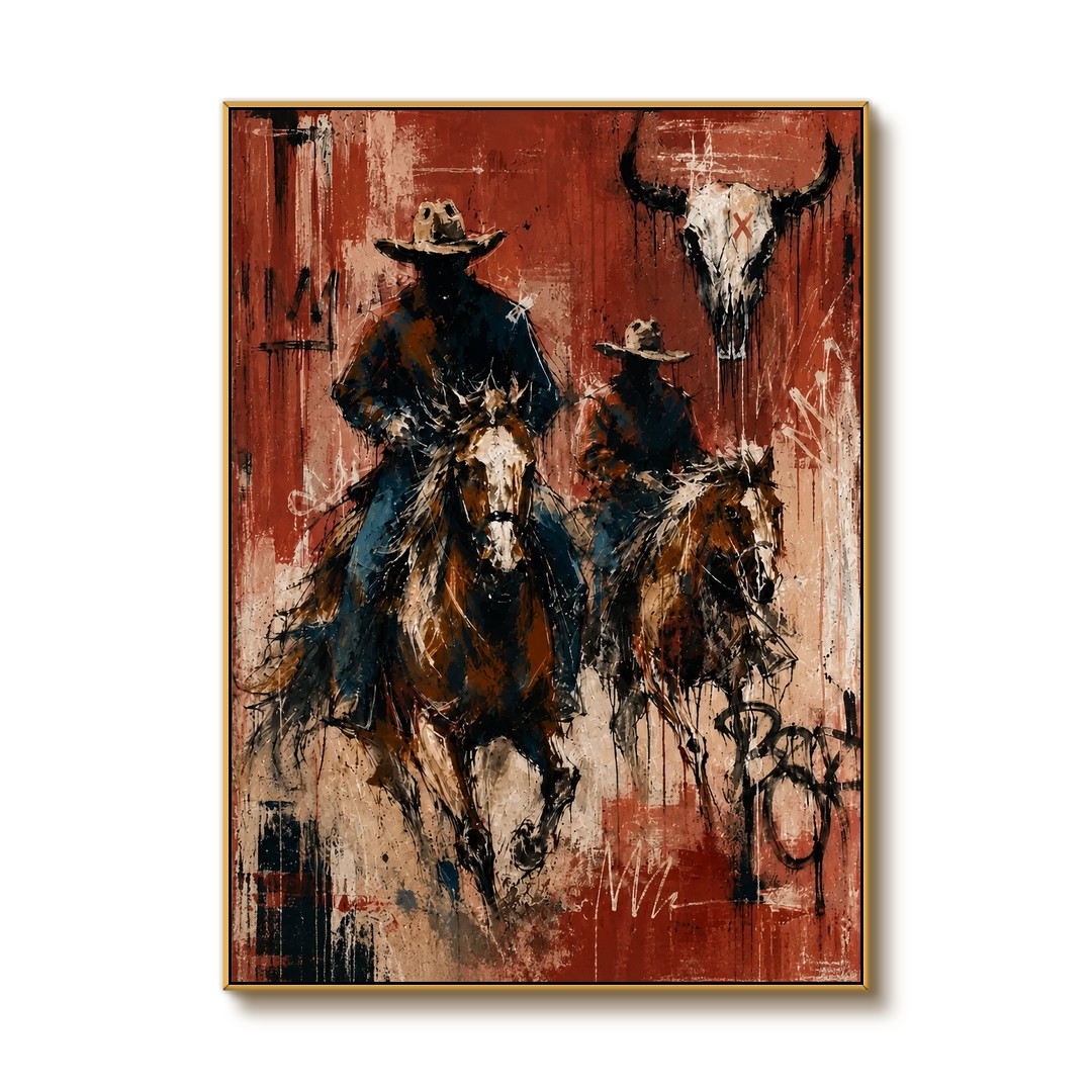 expressive Western cowboy rider wall art in red black and cream on a clean white background