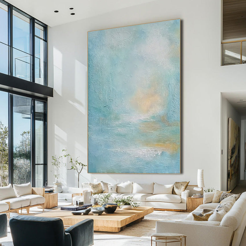 Sea Fog I textured cyan and cream abstract painting with pale yellow accents