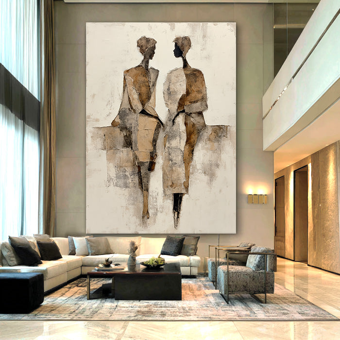 Seated Side by Side earthy tone abstract geometric figure wall art by Hues Art Lab