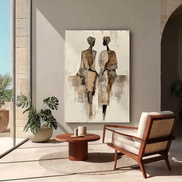 Seated Side by Side modern painting with paired figures and muted shapes