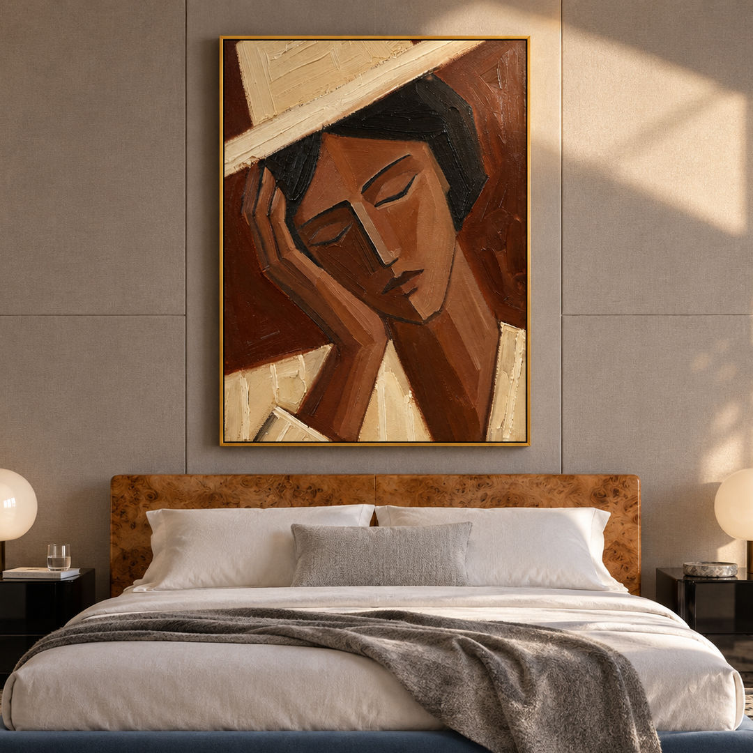 Cubist woman portrait wall art in sienna brown cream and beige in a coordinated modern interior