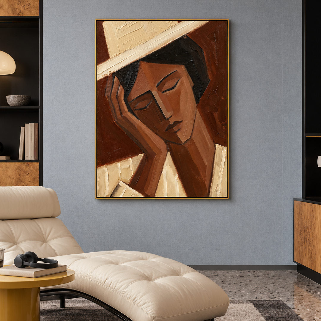 Cubist woman portrait wall art in sienna brown cream and beige in a coordinated modern interior