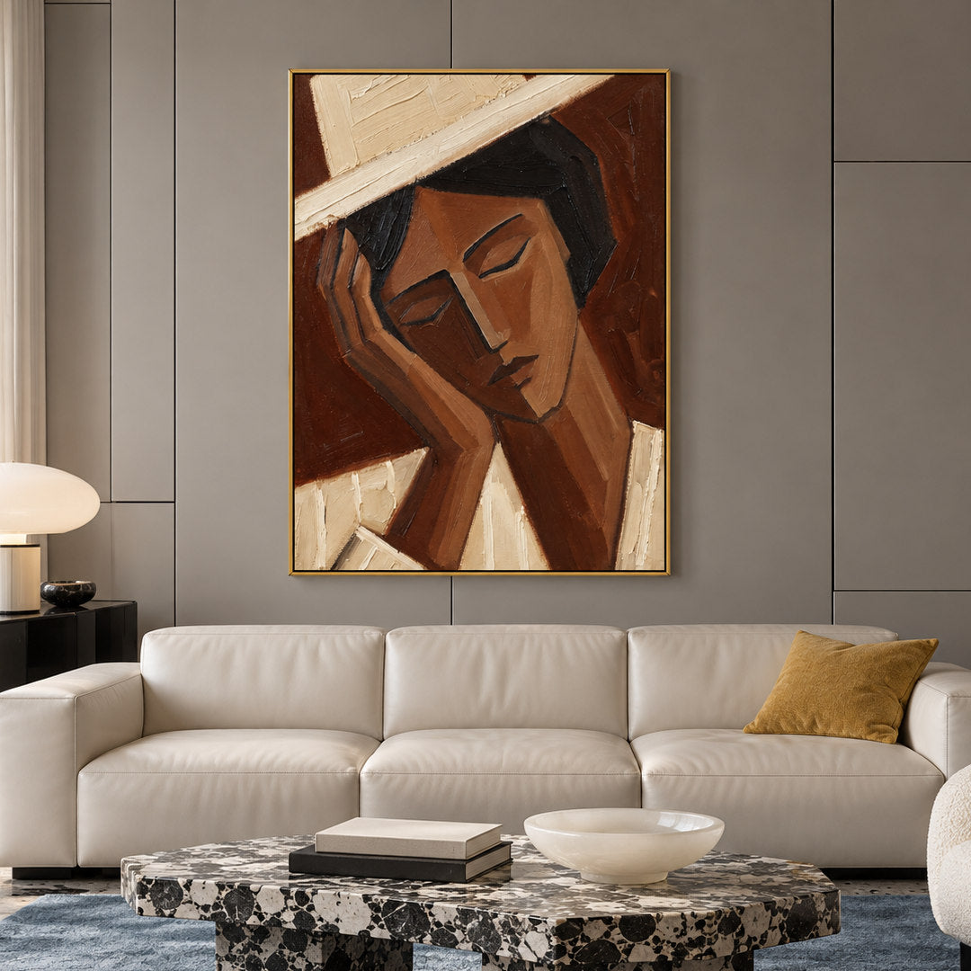Cubist woman portrait wall art in sienna brown cream and beige in a coordinated modern interior
