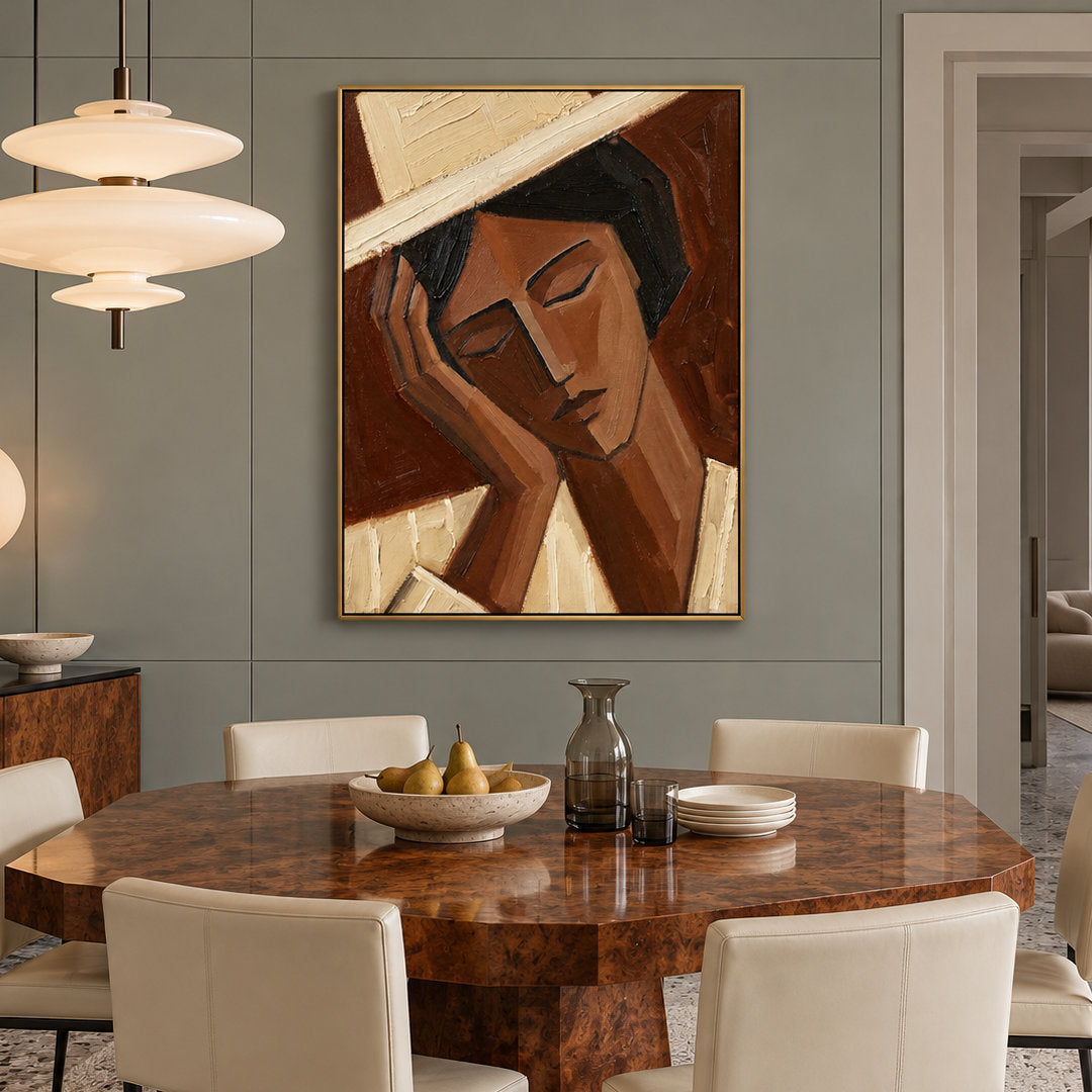 Cubist woman portrait wall art in sienna brown cream and beige in a coordinated modern interior
