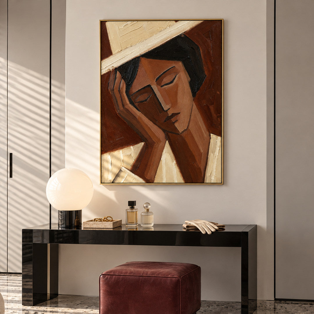 Cubist woman portrait wall art in sienna brown cream and beige in a coordinated modern interior